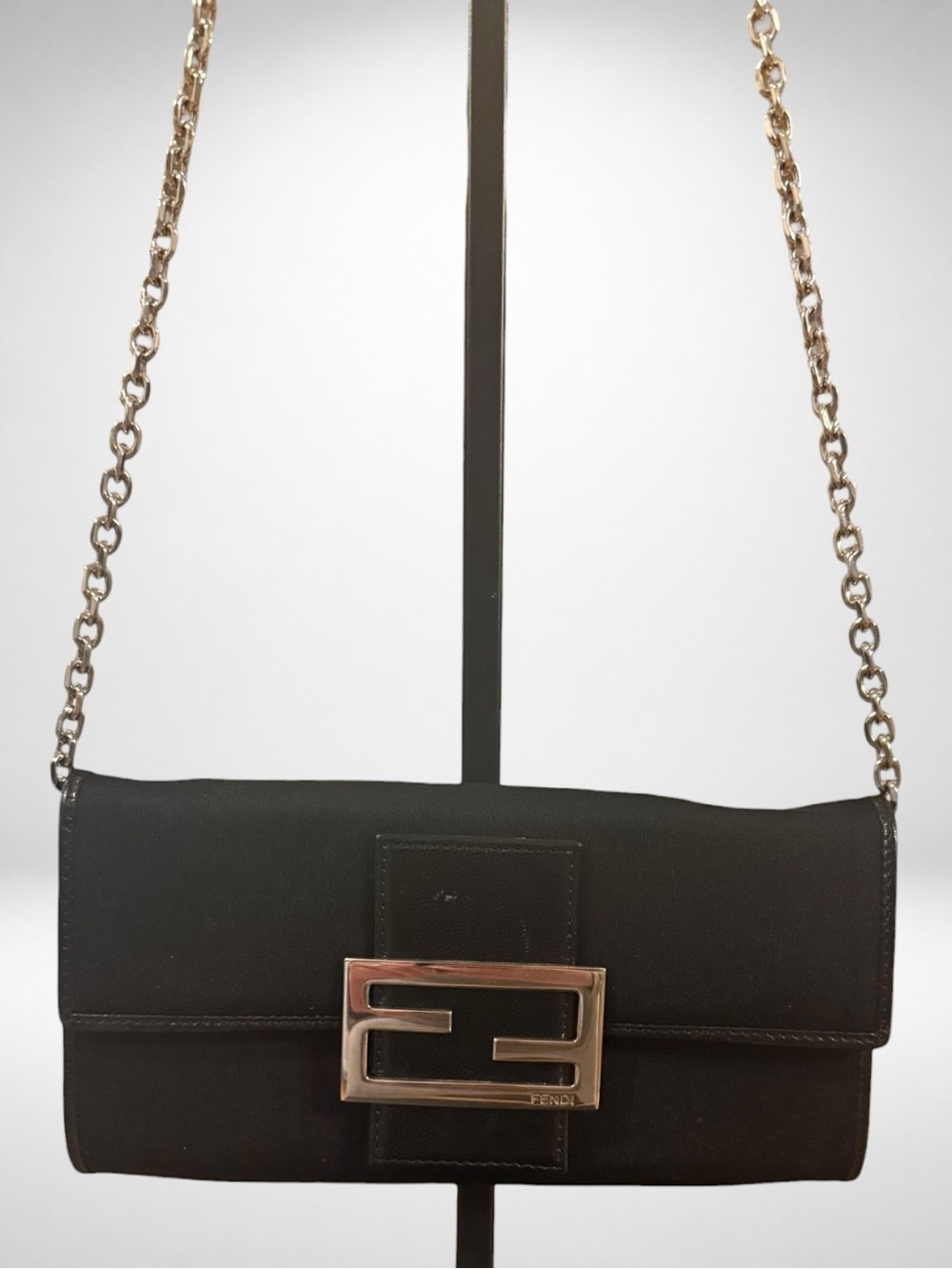 FENDI Zucchino Authentic Nylon Wallet Chain Clutch Crossbody Black Silver